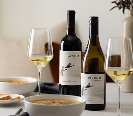 Paraduxx red and white wine with soup