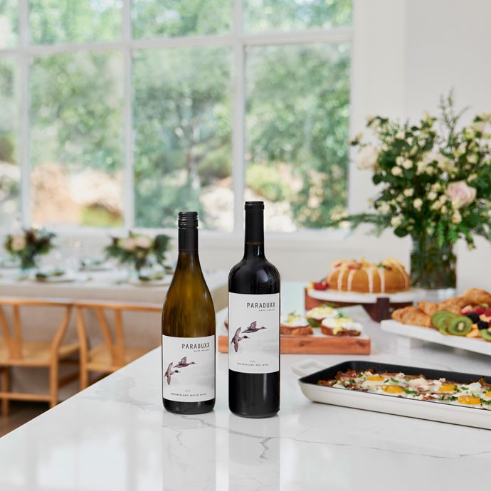 Paraduxx red and white wine on a brunch counter